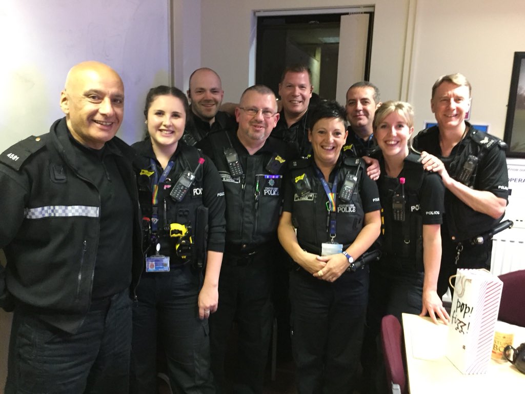 GemmaWardStaffs's tweet photo. Just popped into see our night shift starting duty, including PC Napier who retires tomorrow. He has worked his entire career on the frontline and is the life and soul of @PoliceStafford. Known for his singing and unrelenting cheer... we will miss you Nasty! (Nicest man ever!) https://t.co/AU2xtLQMs5