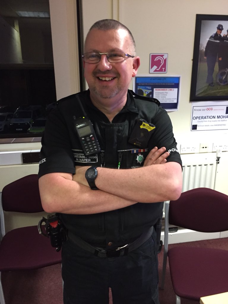 GemmaWardStaffs's tweet photo. Just popped into see our night shift starting duty, including PC Napier who retires tomorrow. He has worked his entire career on the frontline and is the life and soul of @PoliceStafford. Known for his singing and unrelenting cheer... we will miss you Nasty! (Nicest man ever!) https://t.co/AU2xtLQMs5