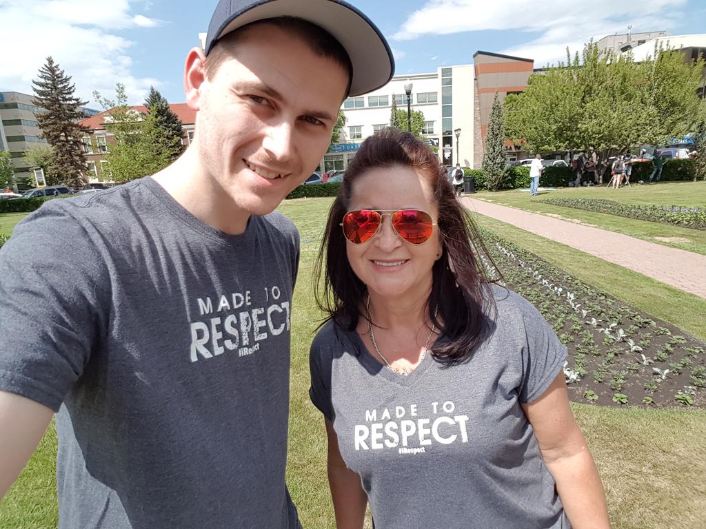 vancan19's tweet photo. Out at #RespectDay in #RedDeer at City Hall Park. Been waiting a while to get a shot with Patricia Arango from @CASASC2 with our #MadeToRespect shirts. More later at https://t.co/QFrPJBxJbq. ALSO, WHAT DOES RESPECT MEAN TO YOU? https://t.co/rsGlVg4o1r