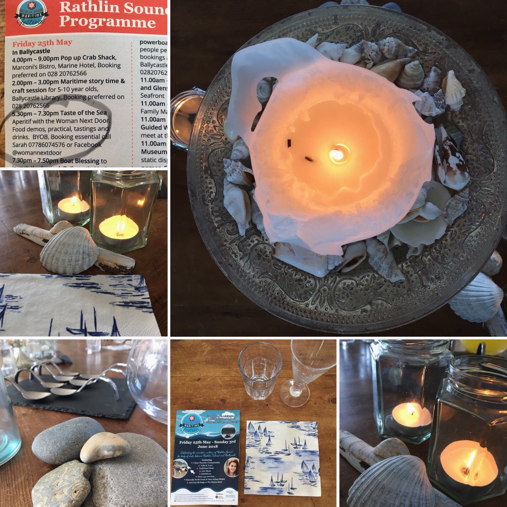 thewomanextdoor's tweet photo. A lovely #aperoclub this evening to mark the start of the #rathlinsoundmaritimefestival in my own wee way. #tabledecoration #shells #candles @NaturallyNCG @RathlinSoundMF https://t.co/XGwREqBQqn