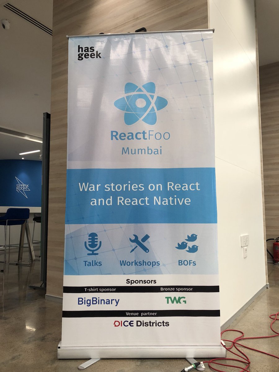 dcwca's tweet image. Getting setup for #ReactFoo at @isdimumbai - exciting! Drop by the @TWG desk and chat with us about building with React and RN 😍