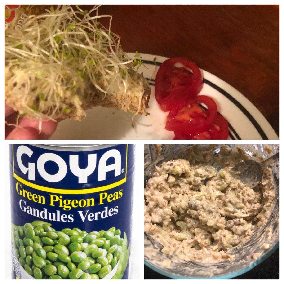 BEST FAUX TUNA SALAD EVER- with not chick peas, but PIGEON PEAS!! And some Just mayo, celery, onion and dulse flakes. It’s SO delish!! ❤️❤️❤️