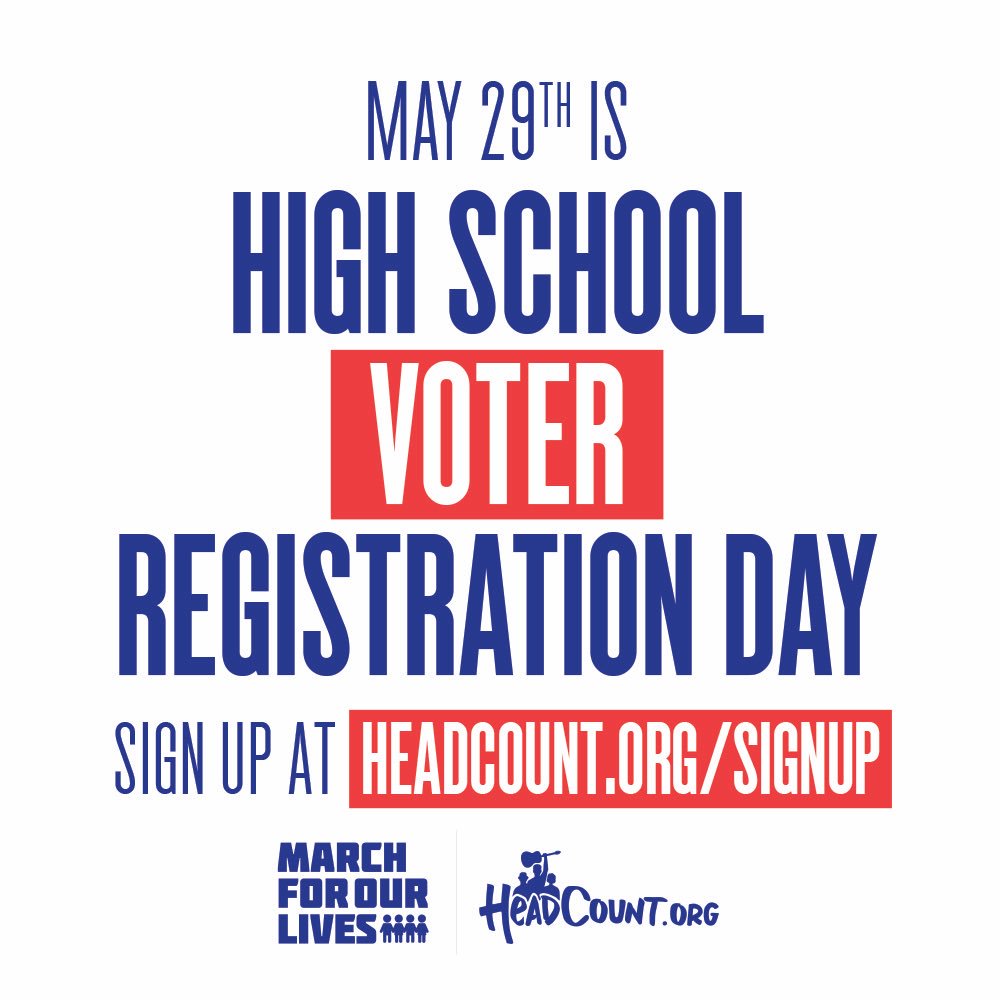 AMarch4OurLives's tweet photo. We are teaming up with HeadCount on May 29th for a National High School Voter Registration Day! Sign up at https://t.co/ZDKt1aRICB https://t.co/kjCh15EI2u