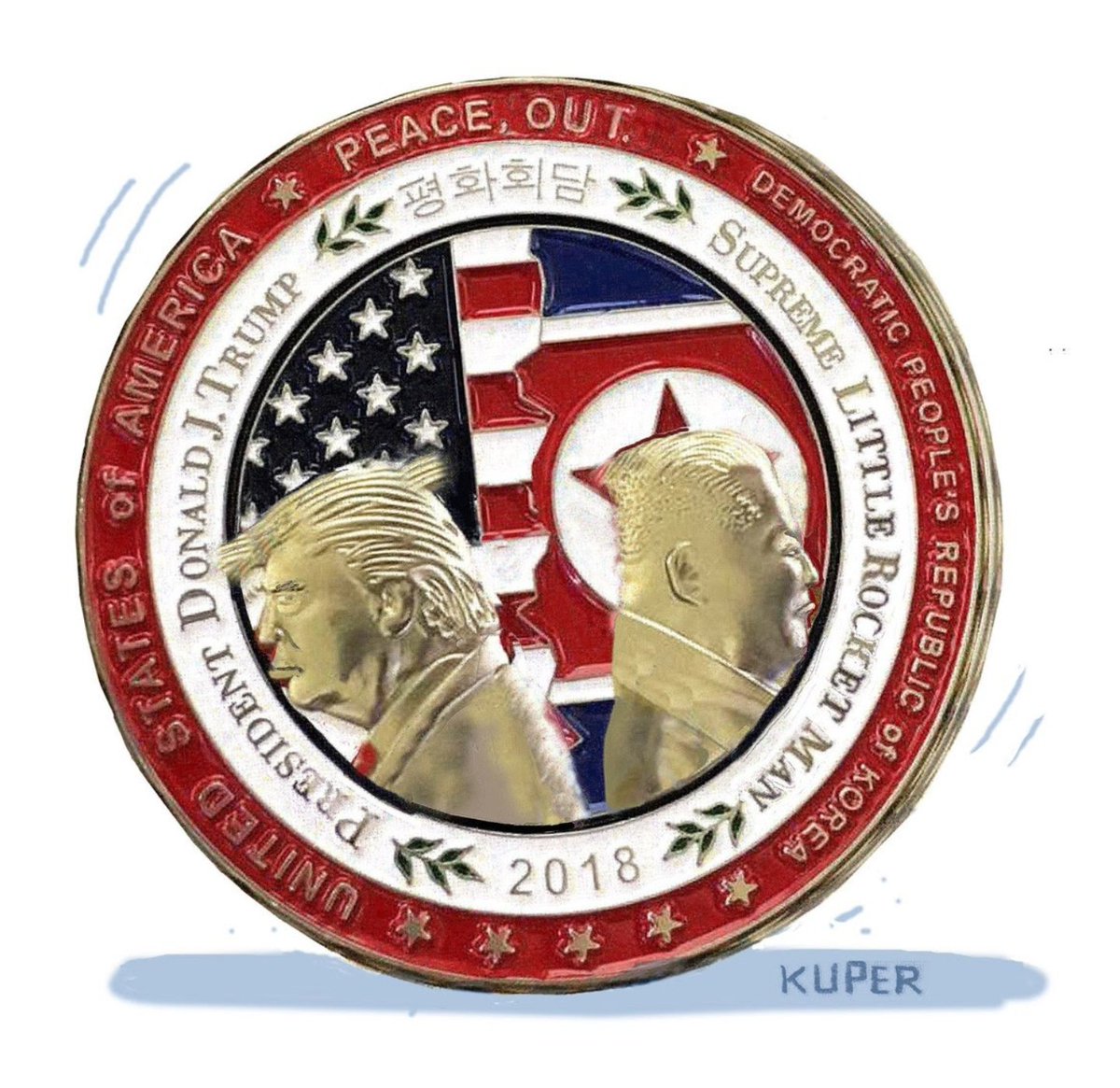 doctecazoid's tweet photo. Today's @NewYorker Cartoon: Peter Kuper, "Peace, Out" #RocketMan #RacketMan https://t.co/kRVe7fGBn4