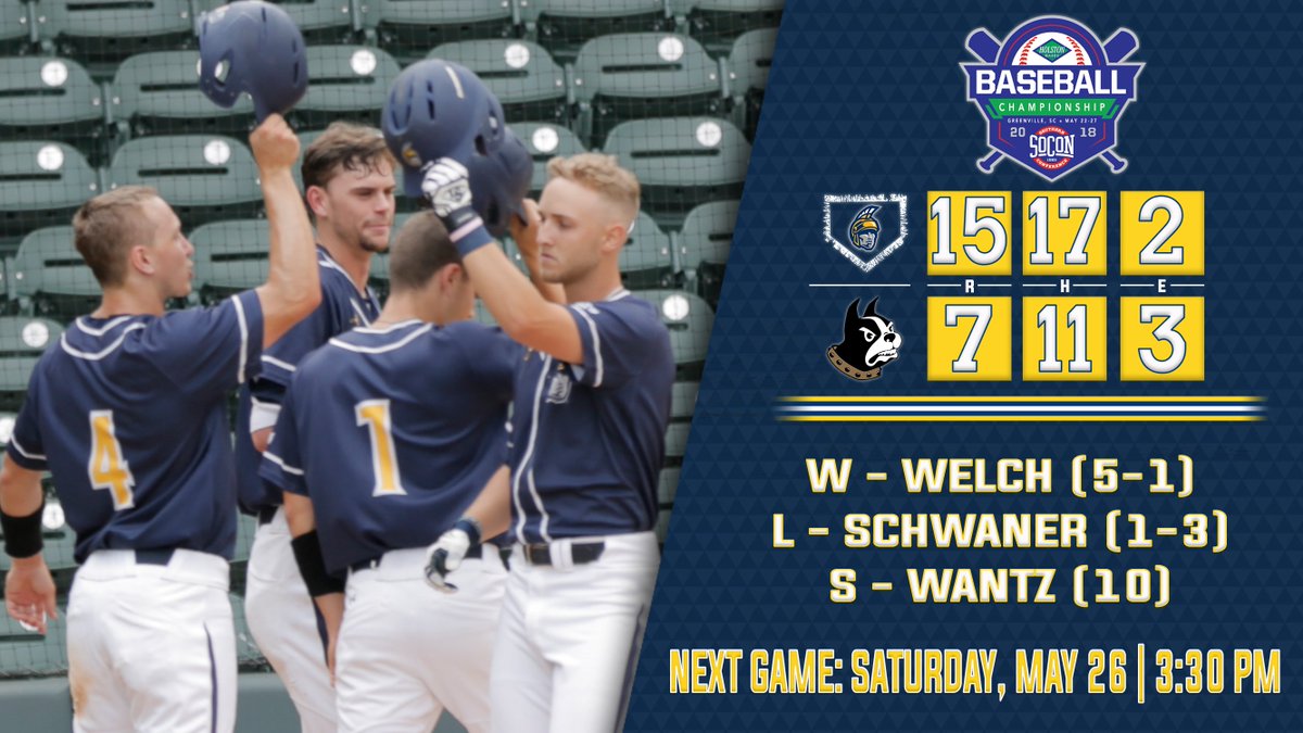 UNCGBaseball's tweet photo. FINAL - UNCG 15, Wofford 7

W - @EbDub_2 (5-1)
L - Schwaner (1-3)
S - @Andrew_Wantz (10)

Survive and advance. Spartans play Westen Carolina at 3:30 in another elimination game 

#NotDoneYet #letsgoG https://t.co/BQYMJmwkMM