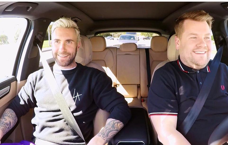 adamlevine's tweet photo. Showed James Corden how to really drive a @Porsche Cayenne on the @latelateshow. Check out the full video here https://t.co/u6P8StK8Gm #CarpoolKaraoke #PorschePartner https://t.co/lRK48l4kcW