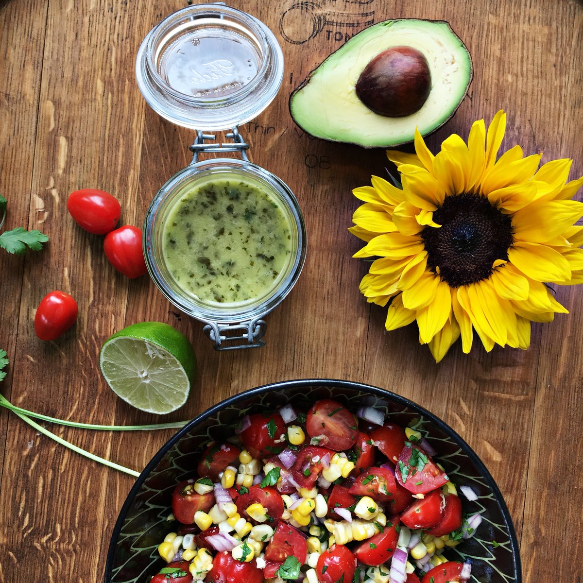 Cilantro-Lime Vinaigrette Dressing is  a way to add a source of omega-3 fats to your spring salad. #becelpaidpartner Made with #BecelAvoPlus, it adds a splash of fresh herbs to my corn, avocado and cherry tomato salad. <a href="/becelca/">Becel Canada</a> recipe at becel.ca/en/recipes/cil… #avocado #healthy