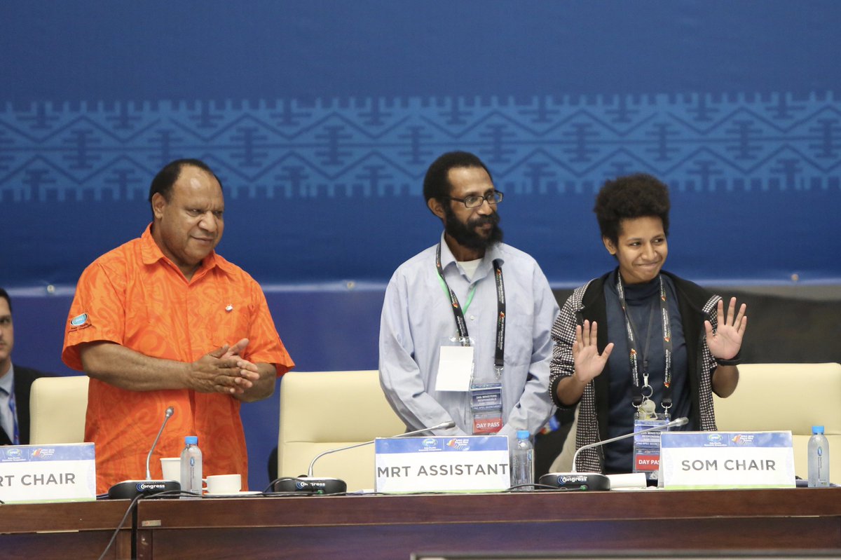 APEC's tweet photo. Here’s the moment when our #APECAppChallenge first prize winner, Crystal and Jonathan Kewe from Papua New Guinea were invited and acknowledged in the 24th APEC Ministers Responsible for Trade Meeting (MRT) in Port Moresby. Congratulations! https://t.co/aQN4c7Bmrx