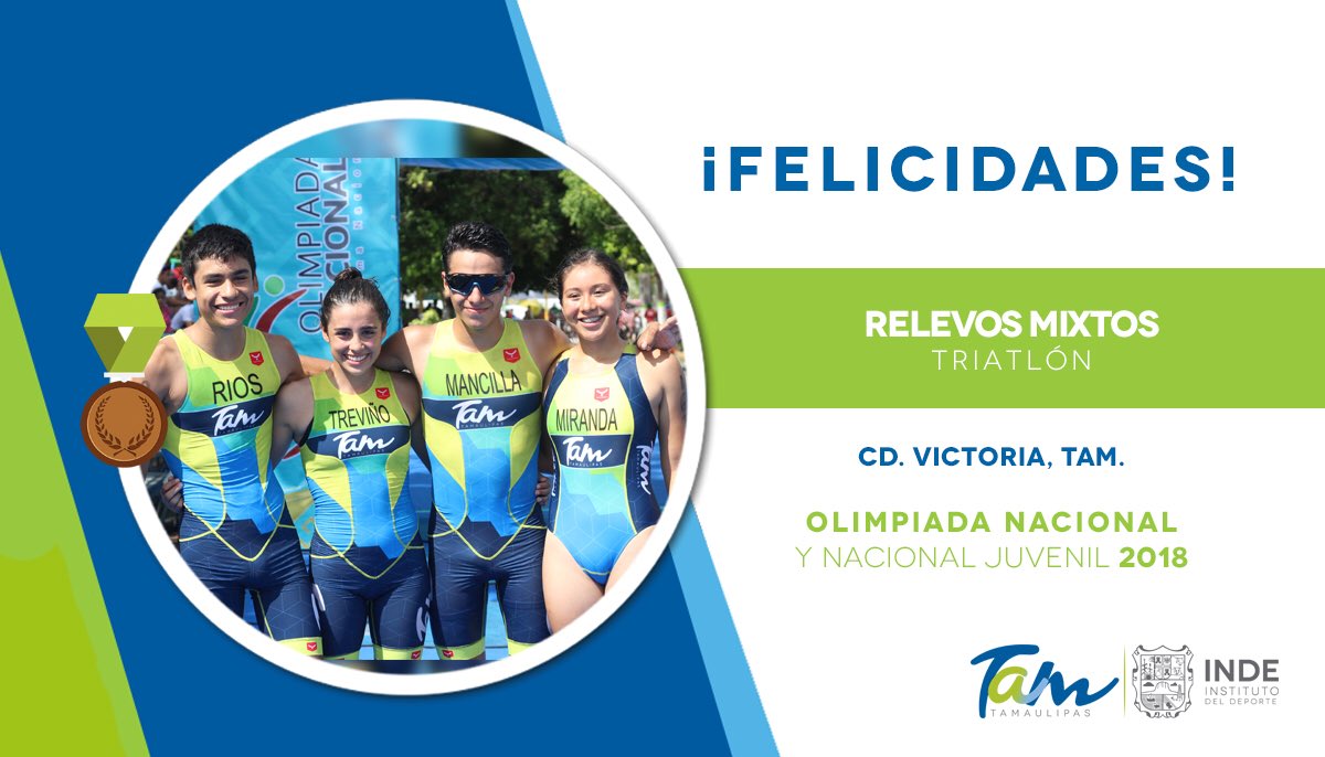 INDETamaulipas's tweet photo. Felicitamos a los integrantes del “Relevo Mixto” por su 3er lugar 🥉 en #Traitlon🏊♂️🚴♂️ 🏃♀️ #OlimpiadaNacional2018 en la categoría 14-17. Ellos son: Brisa Miranda, Nicolás Ríos, Alexa Treviño, Cesar Mancilla ¡Son un #OrgulloTamaulipeco! https://t.co/VFXqAPnRxd