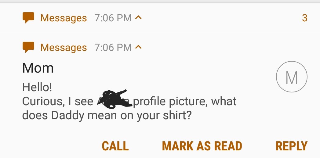 Hey Twitter my friend updated their fb profile photo of us from pride last year. In it I'm wearing a tank top that says DADDY and now I got this text from my mom. Help what do I say