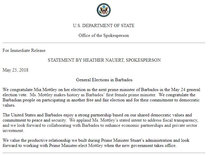 statedeptspox_a's tweet photo. We congratulate Mia Mottley on her election as the next prime minister of #Barbados in the May 24 general election vote. Ms. Mottley makes history as Barbados’ first female prime minister. https://t.co/CggTkxph95 https://t.co/0tKMpGV8Bk