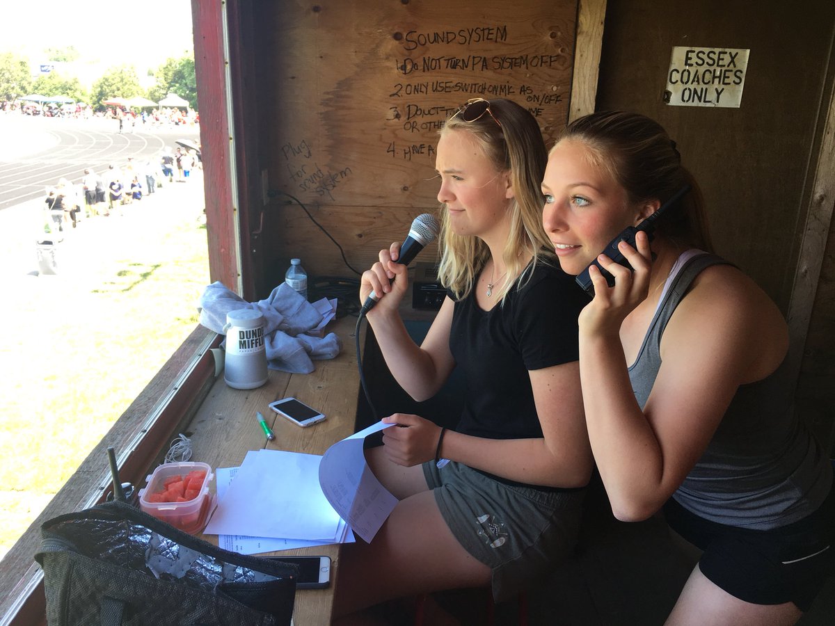 yajamuod's tweet photo. Action shot: Finn and Emma announcing in the booth at the A-2 Regional Track Meet today.  Great job girls! https://t.co/tSFllpGagJ