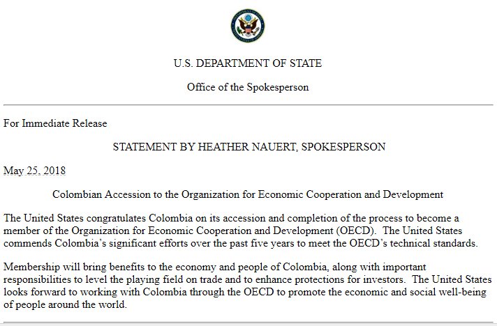 statedeptspox_a's tweet photo. The United States congratulates #Colombia on its accession and completion of the process to become a member of the Organization for Economic Cooperation and Development (@OECD). https://t.co/DXTsob6MRO https://t.co/m1h876Gnik