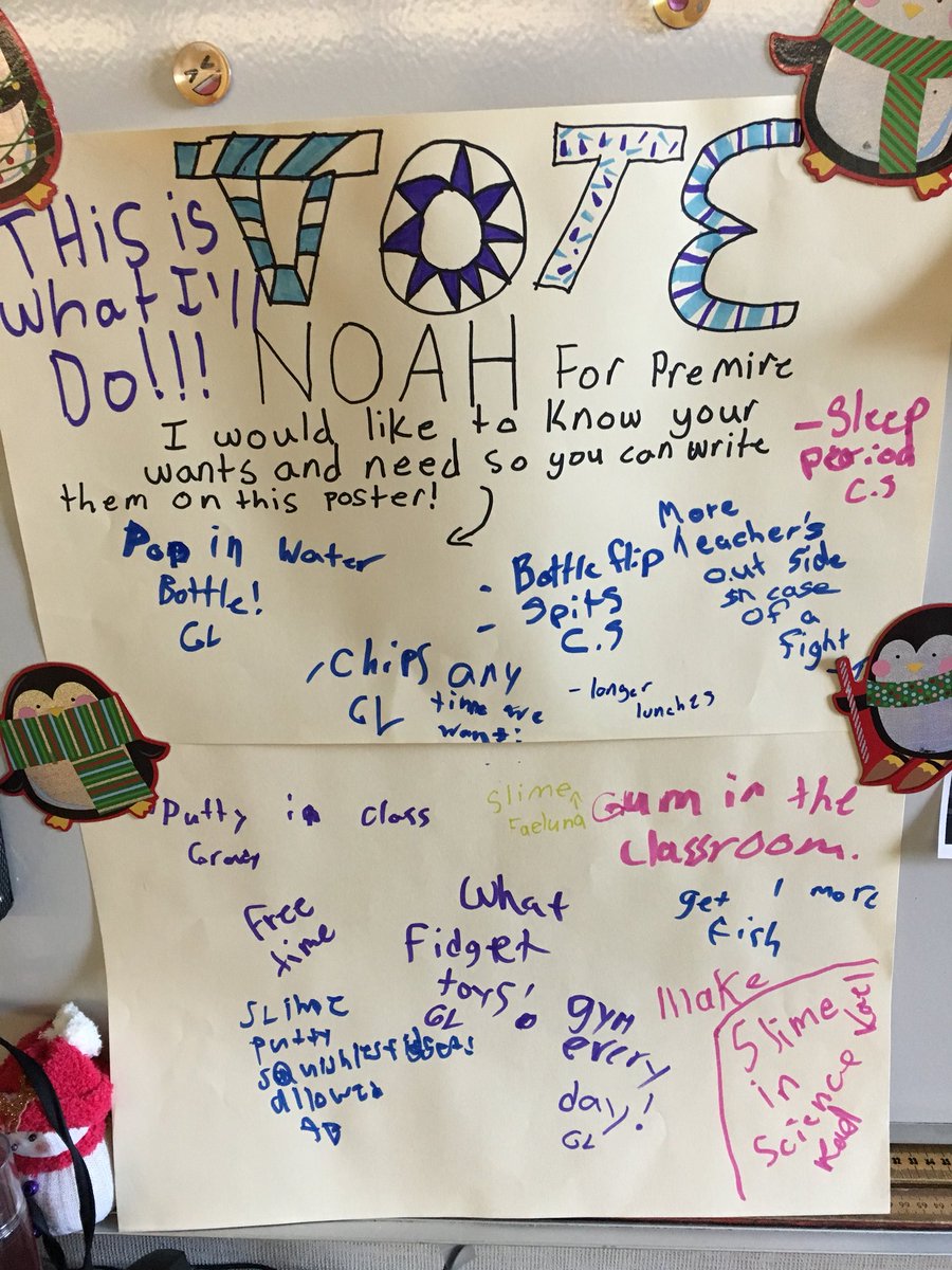Shaelynn_Senyk's tweet photo. We currently have 3 candidates running to be Davison School’s premier in the grade 5 election! I am so impressed with all of their campaign efforts! Our election speeches and election will be held on Tuesday. I can’t wait! #government #studentcandidates #engagement @CIVIX_Canada https://t.co/Twly7Va9Gw