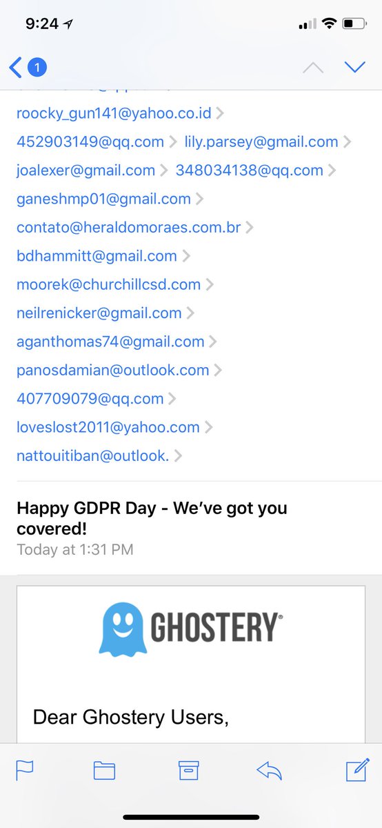 Hilarious and sad that <a href="/Ghostery/">Ghostery</a> sent an email about user #privacy but didn’t hide the recipients of the email...