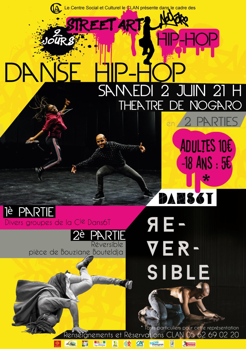 Show de danse #hihop de l'association #Dans6t suivi du #spectacle Reversible de #bouziane_bouteldja au #theatre de #Nogaro samedi 2 juin à 21h. Renseignements et réservations au Centre Social et Culturel le CLAN : 05.62.69.02.20 facebook.com/clanogaro/