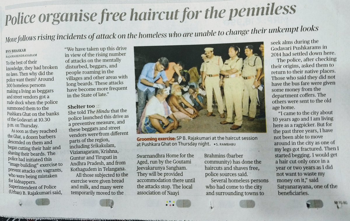 NidhiV's tweet photo. "Police initiated this 'image-building' exercise to prevent attacks on vagrants, who were being mistaken for kidnappers"

Humane solution to the pressures of an inhuman society. https://t.co/gSrPxe0IB7