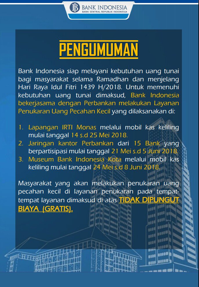 Bank Indonesia On Twitter Sobatrupiah Bank Indonesia Dan Perbankan Membuka Layanan Penukaran Uang Pecahan Kecil Untuk Memenuhi Kebutuhan Masyarakat Menjelang Hari Raya Idul Fitri 1439 H 2018 Serbaserbi Https T Co Fnuy7aflmv