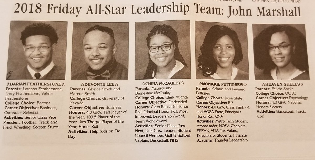AspasiaAngelou's tweet photo. Congratulations to John Marshall's #OKCFriday AllStar Leadership aTeam: DarianFeatherstone, DevonteLee, China
McCauley, MoniquePettigrew & HeavenShells! So proud of their initiative &drive to lead! #JMBears #ProudPrincipal #BeTheChange #JMClassOf2018 @tae751 @Othatschina @OKCPS https://t.co/ciYGyod549