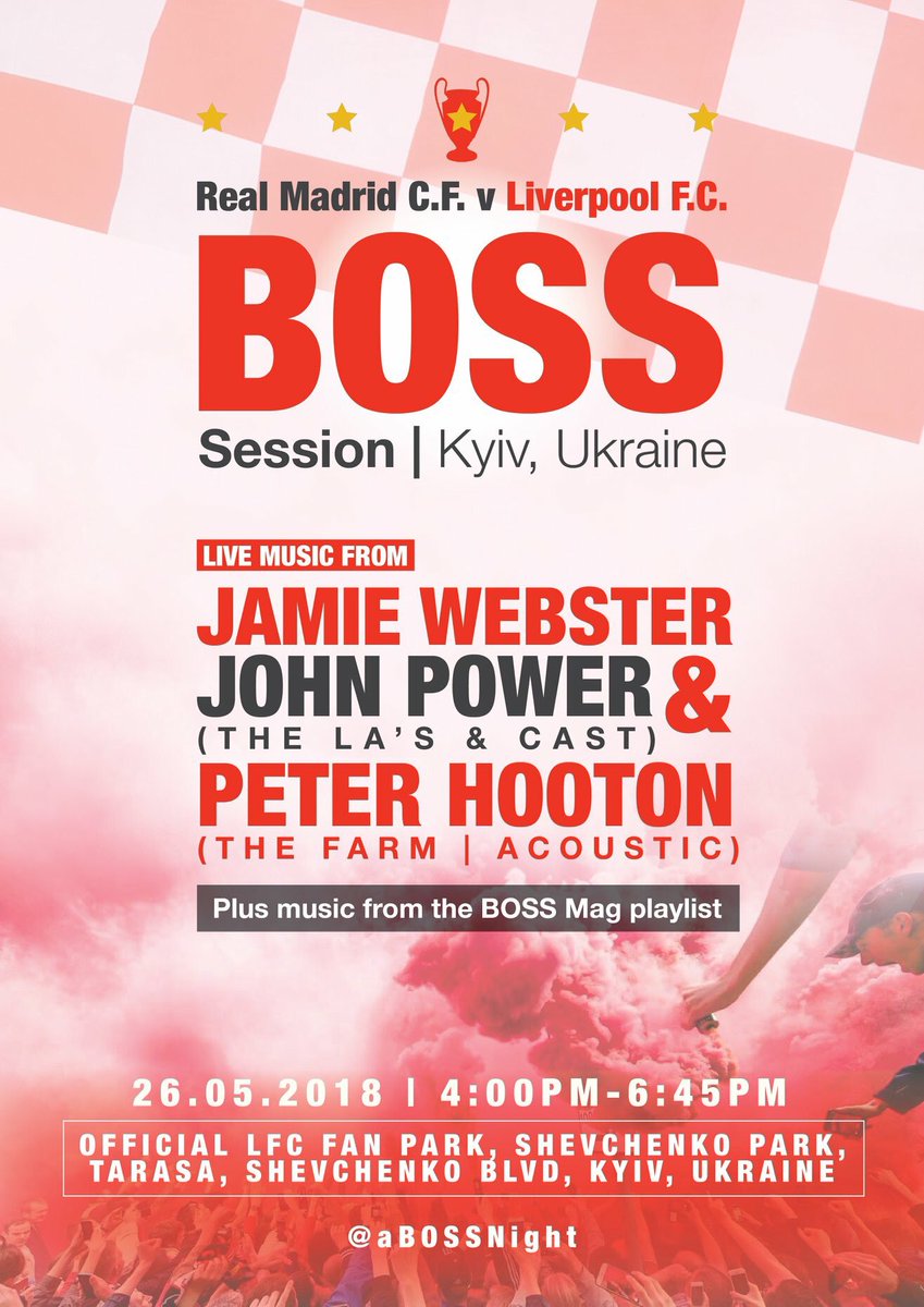 aBOSSNight's tweet photo. MASSIVE DAY in Kiev and Liverpool...

BOSS (a)
4pm: start
4.30pm: John Power/Peter Hooton
5.45pm: Jamie Webster

BOSS (h) (sold out)
2pm: doors
3pm: Timo Tierney
4pm: Luke Fenlon
5pm: Ian Prowse

Music from the BOSS Mag playlist throughout.

Then it’s over to the reds https://t.co/H3wVvuex0f