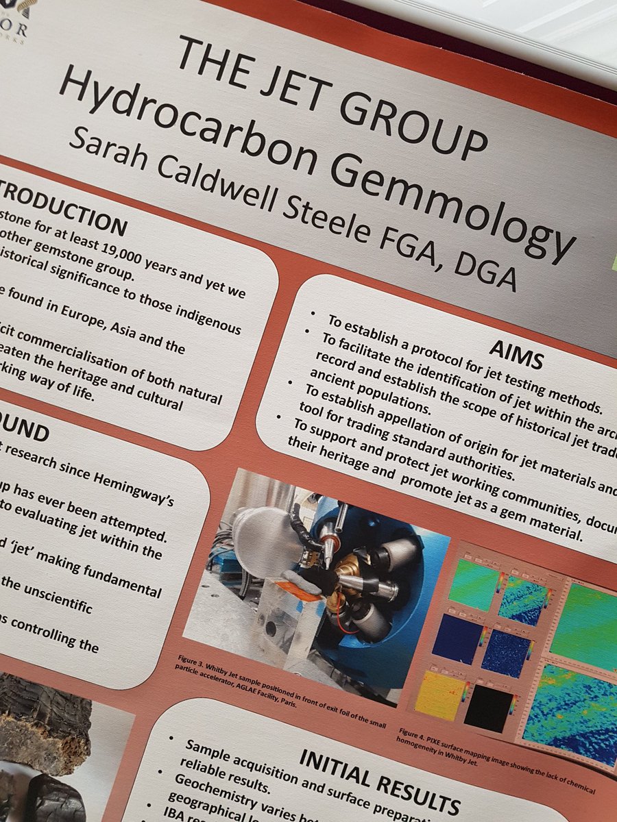 JetSarah's tweet photo. Astonished to be joint runner up for best research poster @GASS2018 for my pioneering work on Hydrocarbon Gemmology and Whitby Jet #whitbyjet #hydrocarbongemmology https://t.co/NqmH9srV7T