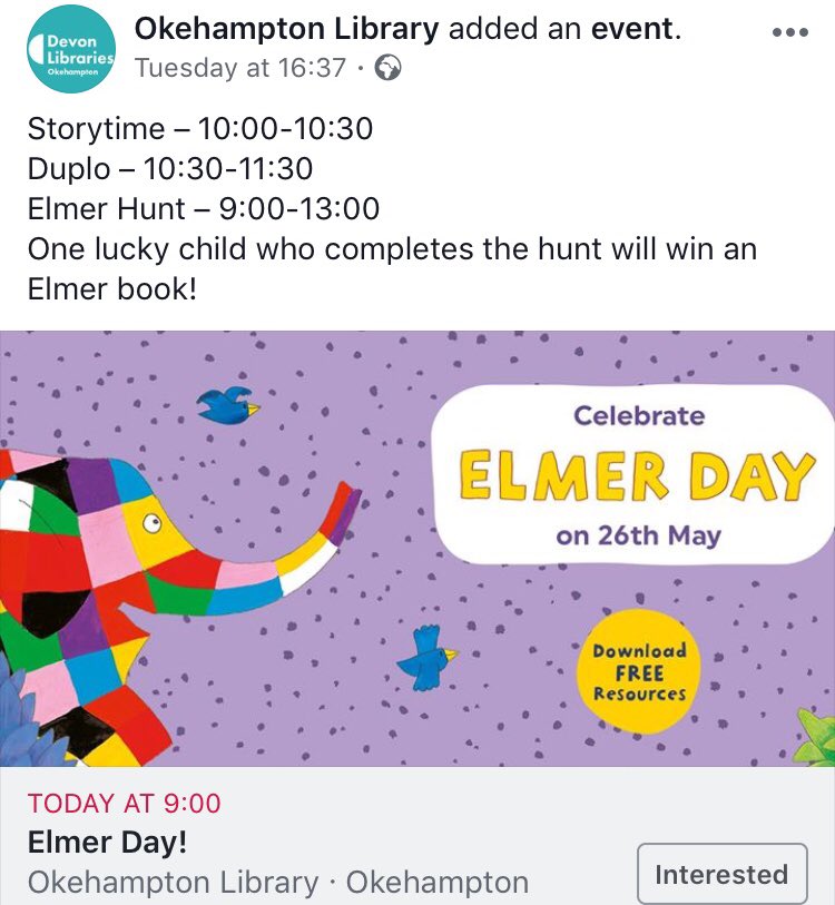 TabisW's tweet photo. A big shout out to all taking part in the #ElmerDay fun and games today! You’ve got to love Elmer! #learninlibraries https://t.co/e1EwxaoZCm
