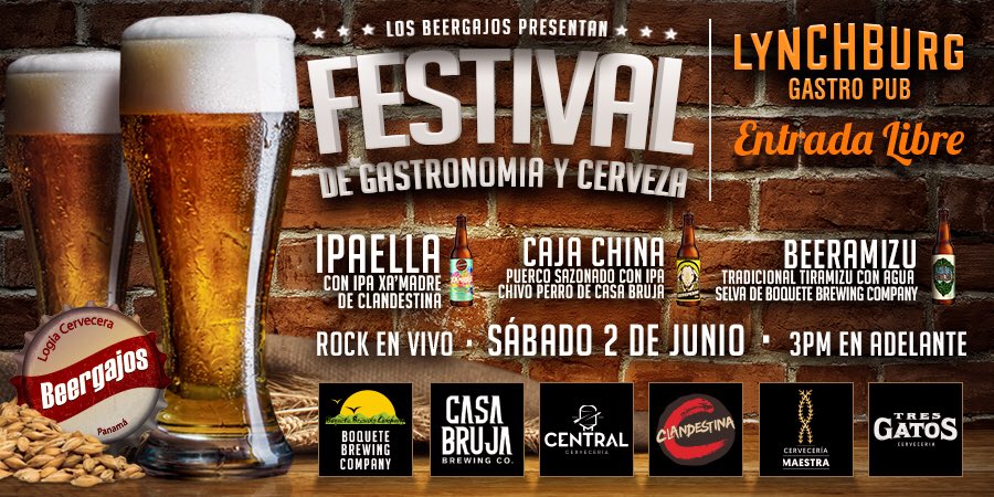 FESTIVAL de Gastronomía y Cerveza en <a href="/lynchburgpty/">Lynchburg </a> 
Sábado 2 de Junio - 3pm
Participación:
@cerveceriacentral
@cerveceriamaestra
@clandestinapty
@boquetebrewingcompany
@casabrujabrew
@3gatoscerveceria 
Contaremos con:
- IPAELLA
- Puerco en CAJA CHINA
- BEERAMIZU
- Rock en Vivo