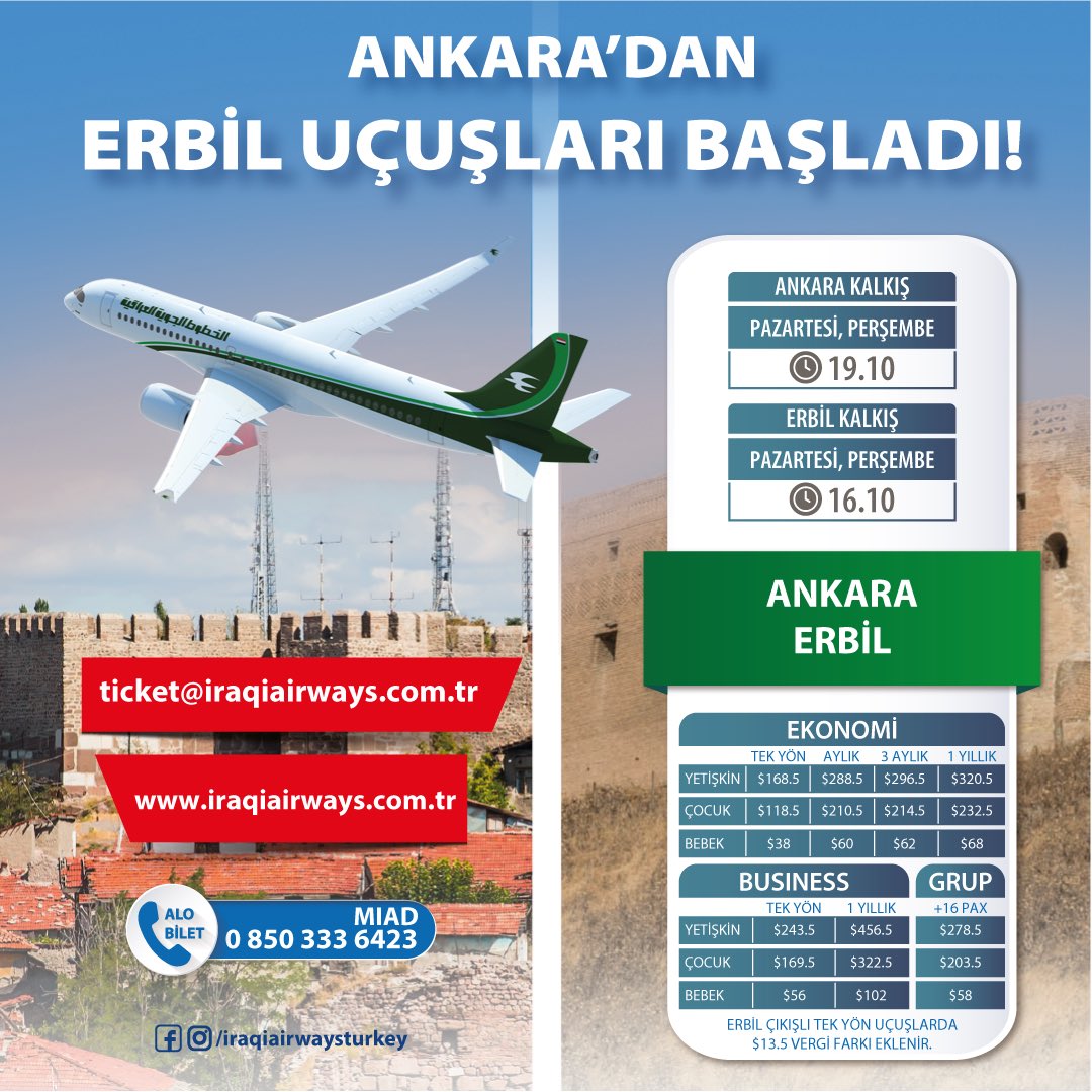 Miadtur's tweet photo. $168.5’dan başlayan fiyatlar ile #ANKARA - #ERBİL uçuşlarımız başladı!✈️

Rezervasyon talebi için https://t.co/L7akSqcuO3 adresini ziyaret ediniz.

[#Miadtur, Irak Havayolları'nın #Türkiye'deki tek resmi #turizm acentasıdır.] 

#iraqiairways https://t.co/wYaMp3wPOw
