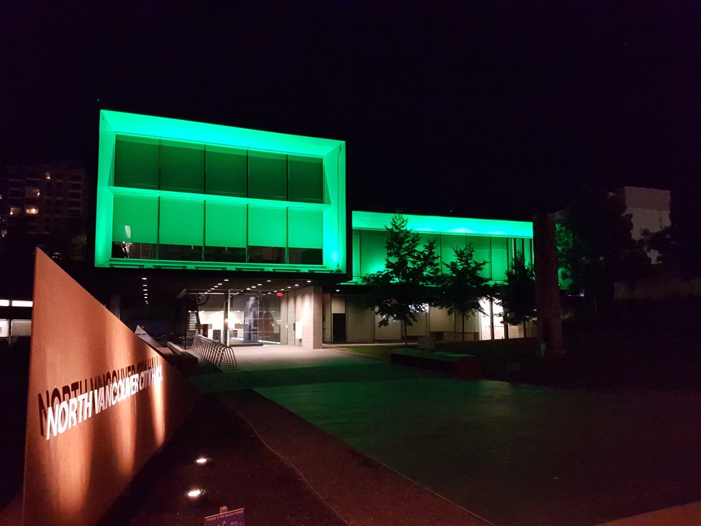 City Hall is lit up green for National Missing Children's Day. #NorthVan #MissingChildrensDay https://t.co/V9zuJpxixX