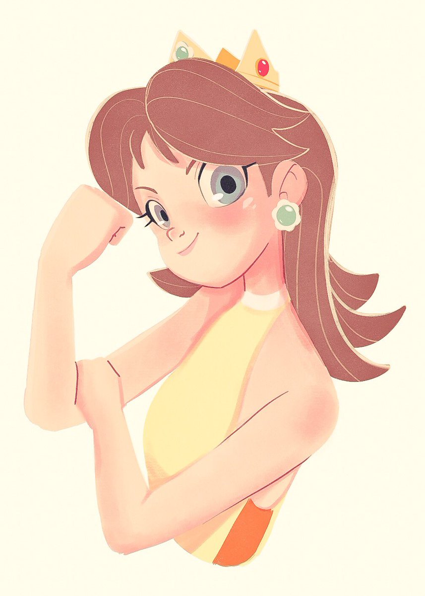 princess daisy 1girl solo earrings jewelry brown hair smile crown  illustration images