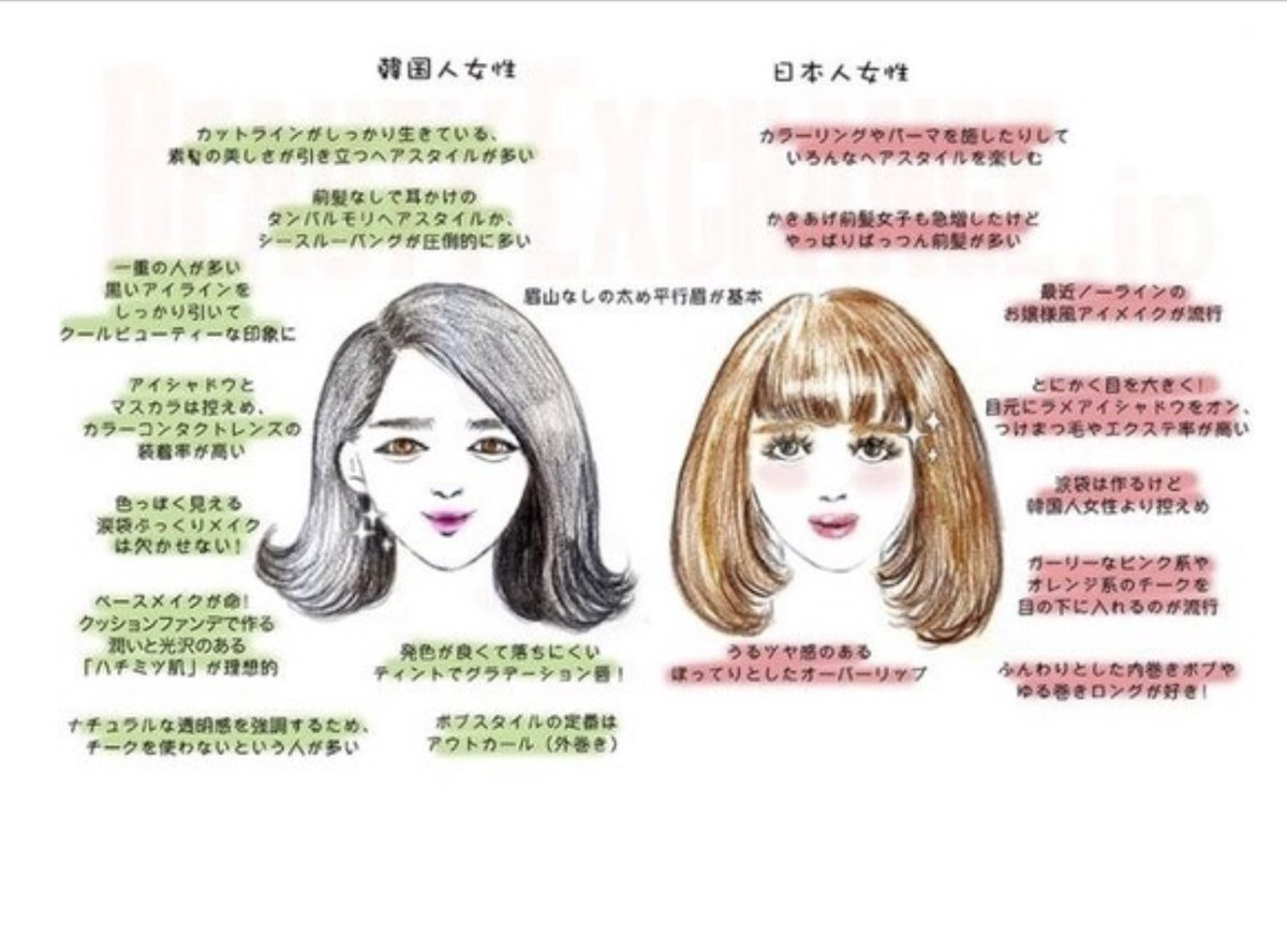 美容っ子 両顎ルフォーssro予定 Auf Twitter 日本人と 韓国人のヘアメイクやファッションの違いを表したイラストが的確で面白い