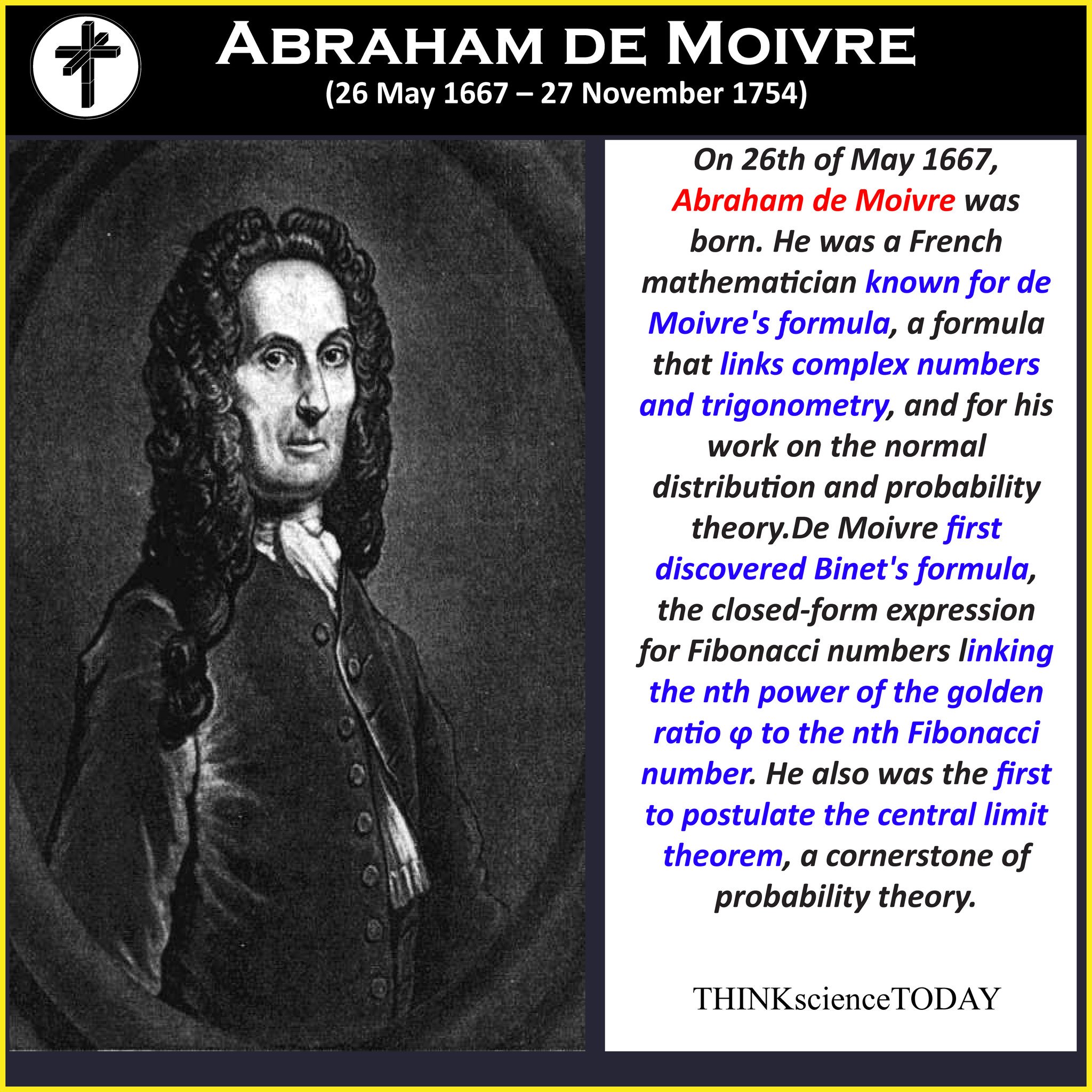 THINKscienceTODAY on X: "Today on 26th of May 1667, Abraham de Moivre was born. He was a French mathematician known for de Moivre's formula, a formula that links complex numbers and trigonometry,