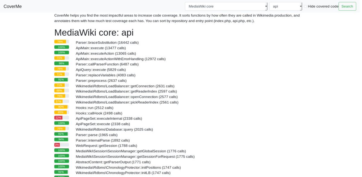 legoktm's tweet image. Preview of a project I've been working on: identifying the most valuable parts of our code to write tests for by sorting test coverage data by number of times the function is called in production.
#mediawiki #testcoverage