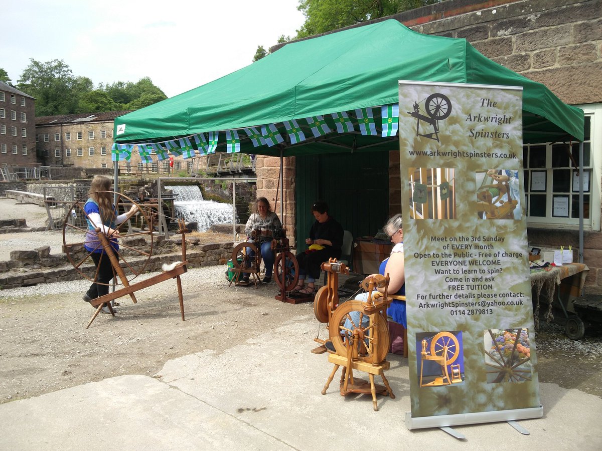 The Arkwright Spinsters are out in the lovely sun by the water wheels. #CMDerbyshireweekend #cromfordmills #spinning
