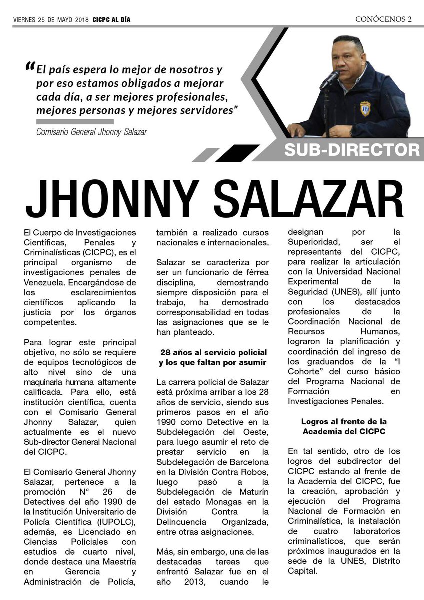 PRENSACICPC's tweet image. 1- Aparece el segundo número del Periódico Digital CICPC Al Día, viene mejorado por las sugerencias de sus lectoras y lectores. En CICPC Al Día encontraremos: una semblanza del Sub-Director Jhonny Salazar, el esclarecimiento del triple homicidio en el estado Aragua