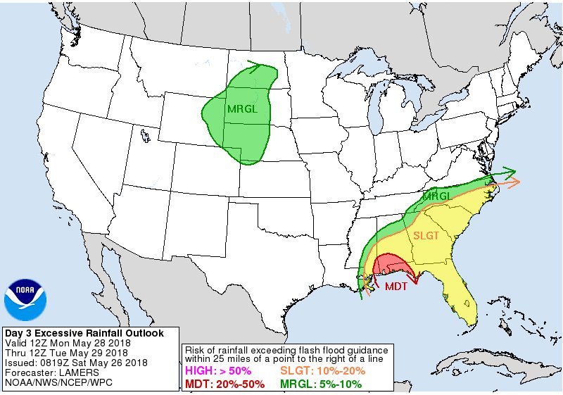 NHC_Atlantic's tweet photo. .@NWSWPC is forecasting a moderate risk of flash flooding across extreme southeastern Mississippi, southwestern Alabama, and the western Florida panhandle on Monday from #Alberto. https://t.co/TGfGBwJVXi https://t.co/K3ENL7MRva