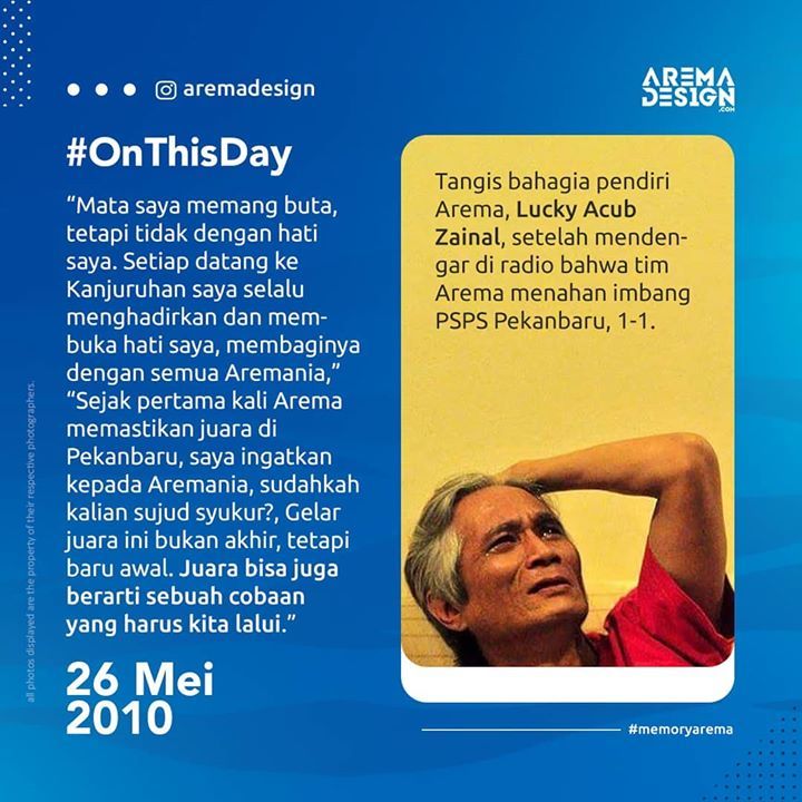 aremadesign's tweet photo. "Gelar juara ini bukan akhir, tetapi baru awal. Juara bisa juga berarti cobaan yang harus kita lalui." Sam Ikul. (26 Mei 2010)
Lahu Al-Fatihah...
#samikul #arema #arekmalang https://t.co/vDqMog1KGM https://t.co/6nsdaKOg2m