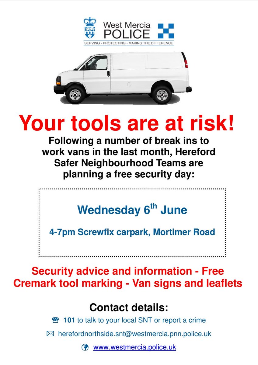HfdshirePolice's tweet photo. Another tool marking event planned. Evening session as requested. Please come along, we'd love to see you there! #toolmarking #protectyourtools #vanthefts #cremark https://t.co/0KFfBx9d0B