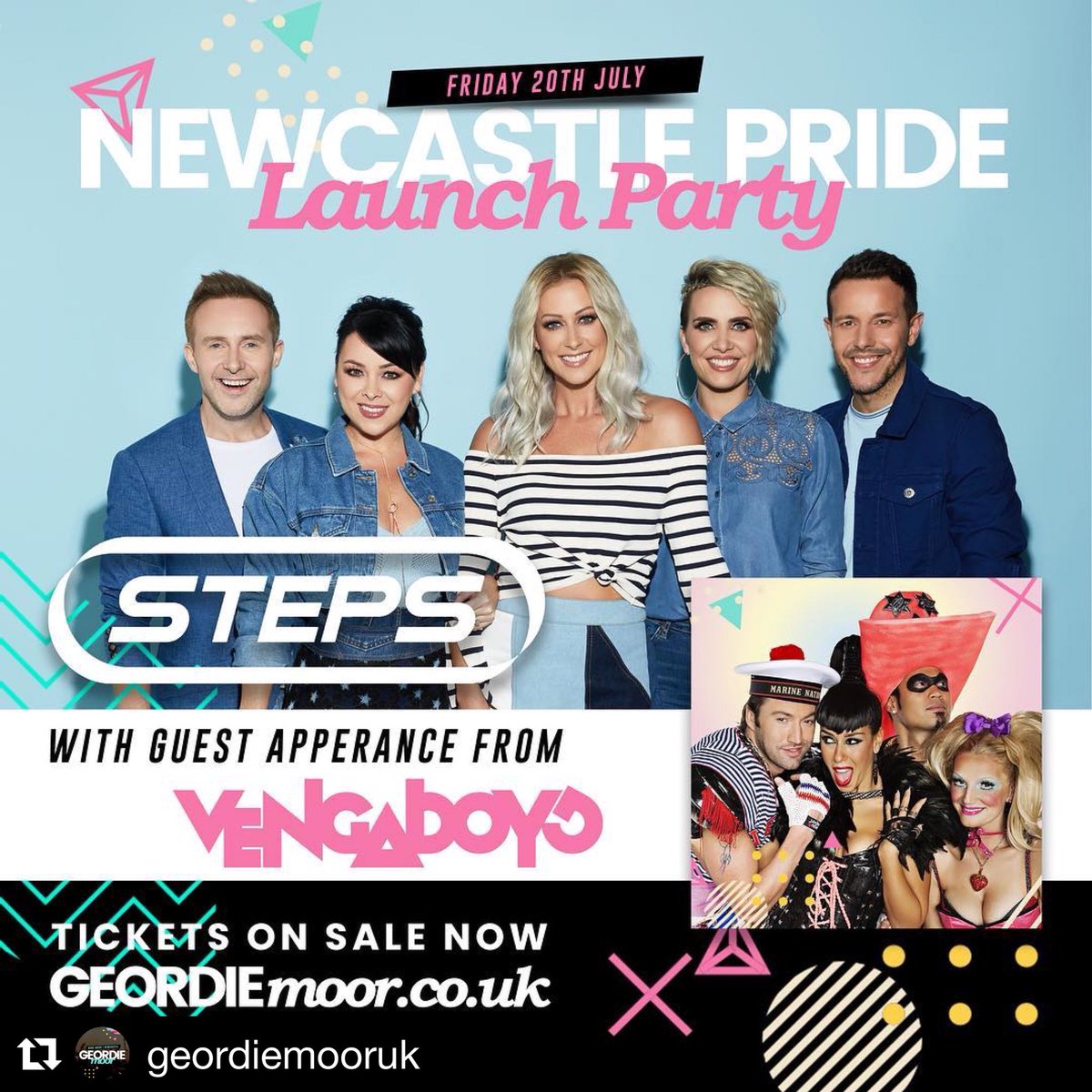 geordiemooruk's tweet photo. We're proud to finally announce... @OfficialSteps will be joining @vengaboys for our Newcastle Pride Launch Party, Friday 20th July, under the big top, Nuns Moor, Newcastle
- 
https://t.co/peuPbf1BNE for tickets and more information
-
#steps #newcastlepride #nclpride #geordiemoor https://t.co/uCAV5ZyEM8