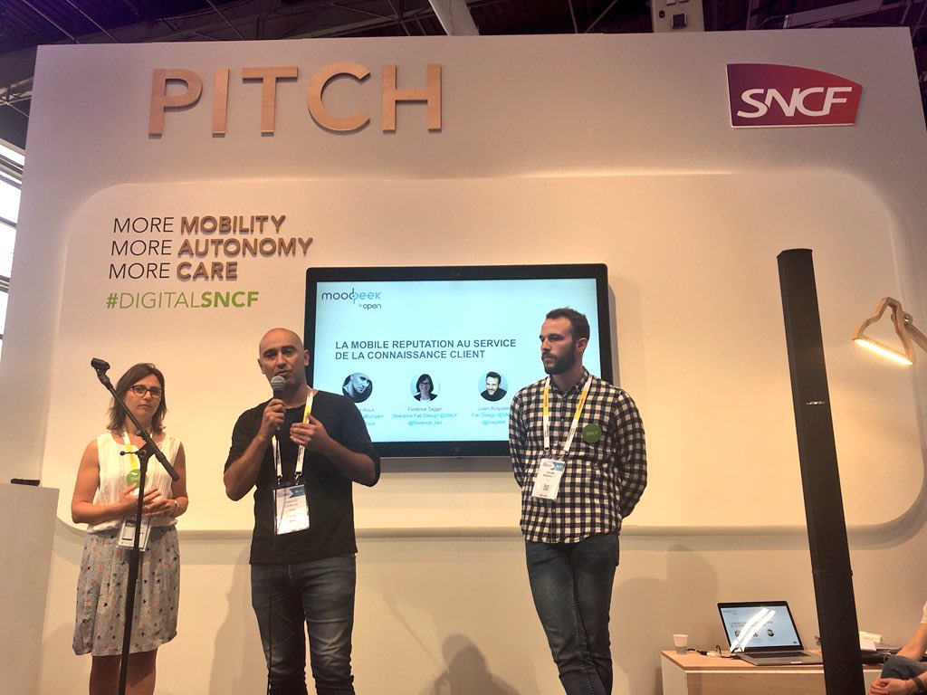 JWirbel's tweet photo. La solution @moodpeek_byOpen présentée par @ArnaudLeRoux utilisée par @Florence_two Directrice de le Fab Design et @jroquillet de @SNCF_Digital pour l’App Store à #vivaSNCF #vivatech https://t.co/aKsBDIZn2v