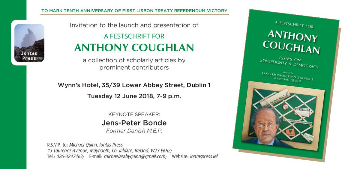 FestschriftIP's tweet photo. Invitation to the launch and presentation of 'A Festschrift for Anthony Coughlan: a collection of scholarly articles by prominent contributors' 12/6/18, Dublin. https://t.co/D6fBxTpqwg https://t.co/EhUyntmAWn