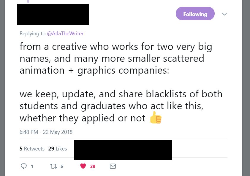A person who works for animation companies, stating very plainly that toxic individuals can and will get blaclisted for any reason.