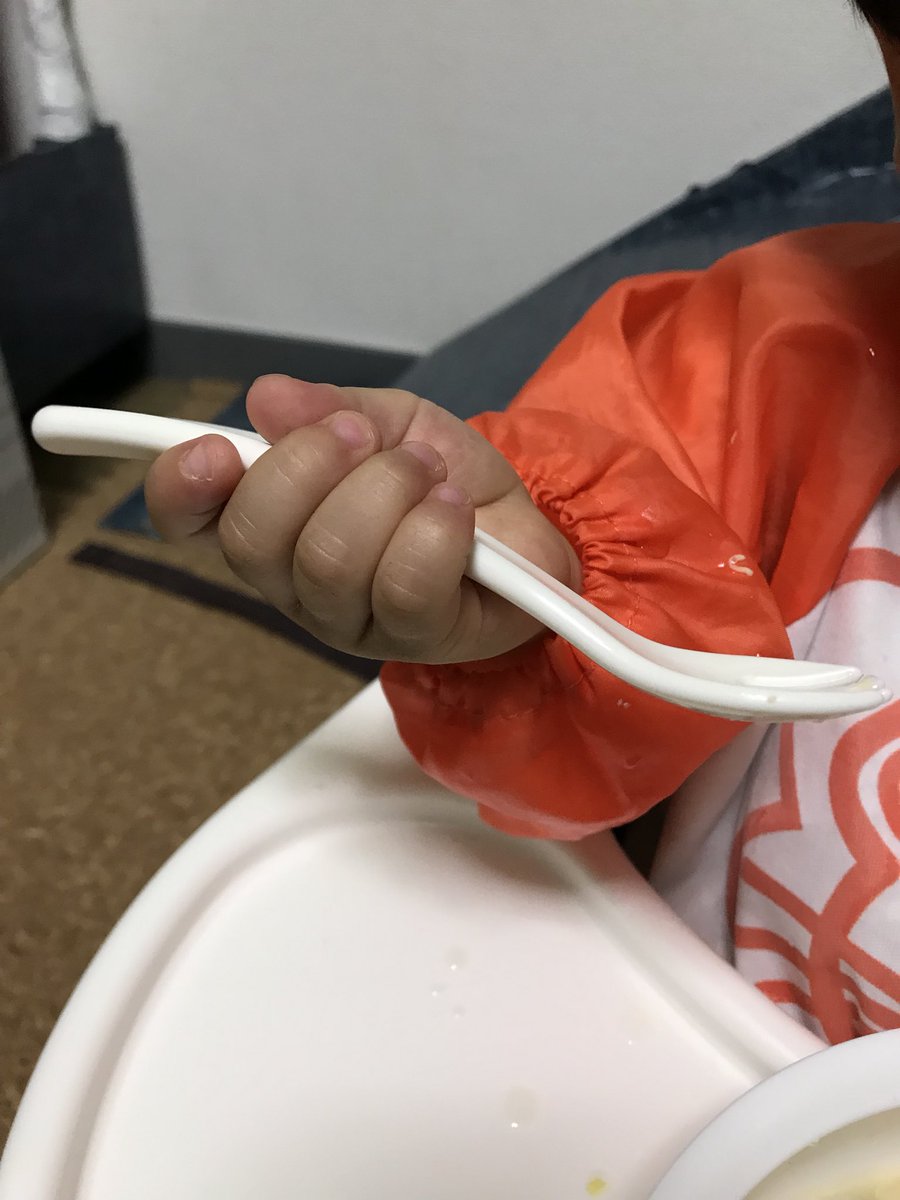 にゃろめ そういえばこの間保育士の姉に言われたのですがスプーンフォークの持ち方はこうらしいです 下手持ち ずっと上手持ちさせてたけど お箸に移行するときにこの持ち方じゃないとダメらしい 最初からこれで教えればよかったなって思ったので情報