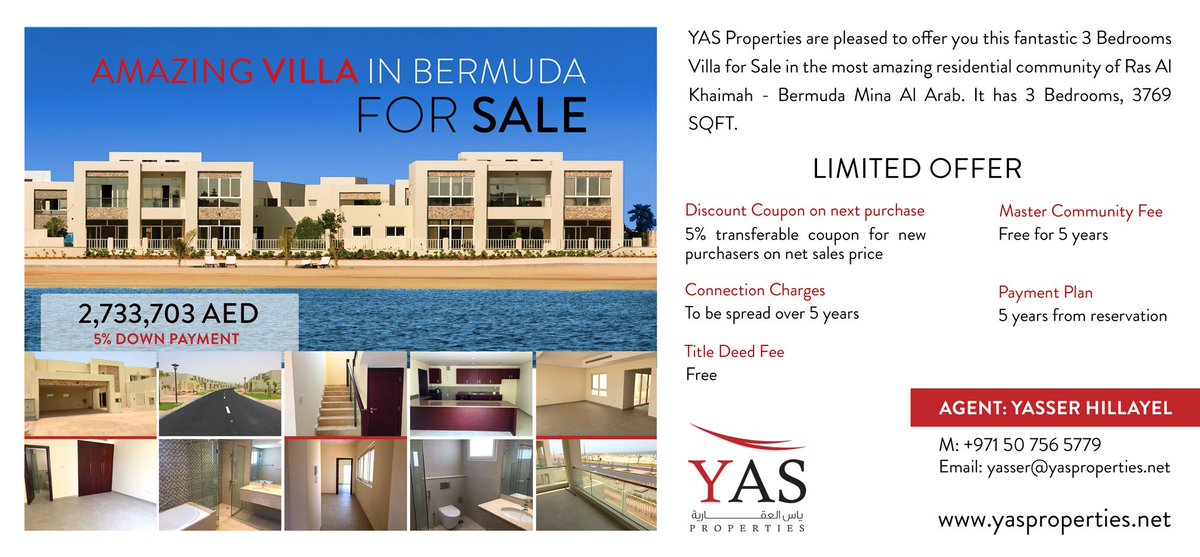 YAS_Group1's tweet photo. YAS Properties offers you amazing villa for sale in Bermuda Mina Al Arab.
Please do not hesitate to contact us for further details.
#YAS_Group #YAS_Properties #Sale #Ramadan_Promotion #Limited_offer
#Bermuda #Mina_AL_Arab #RAK #UAE https://t.co/a0n3bm0YIg