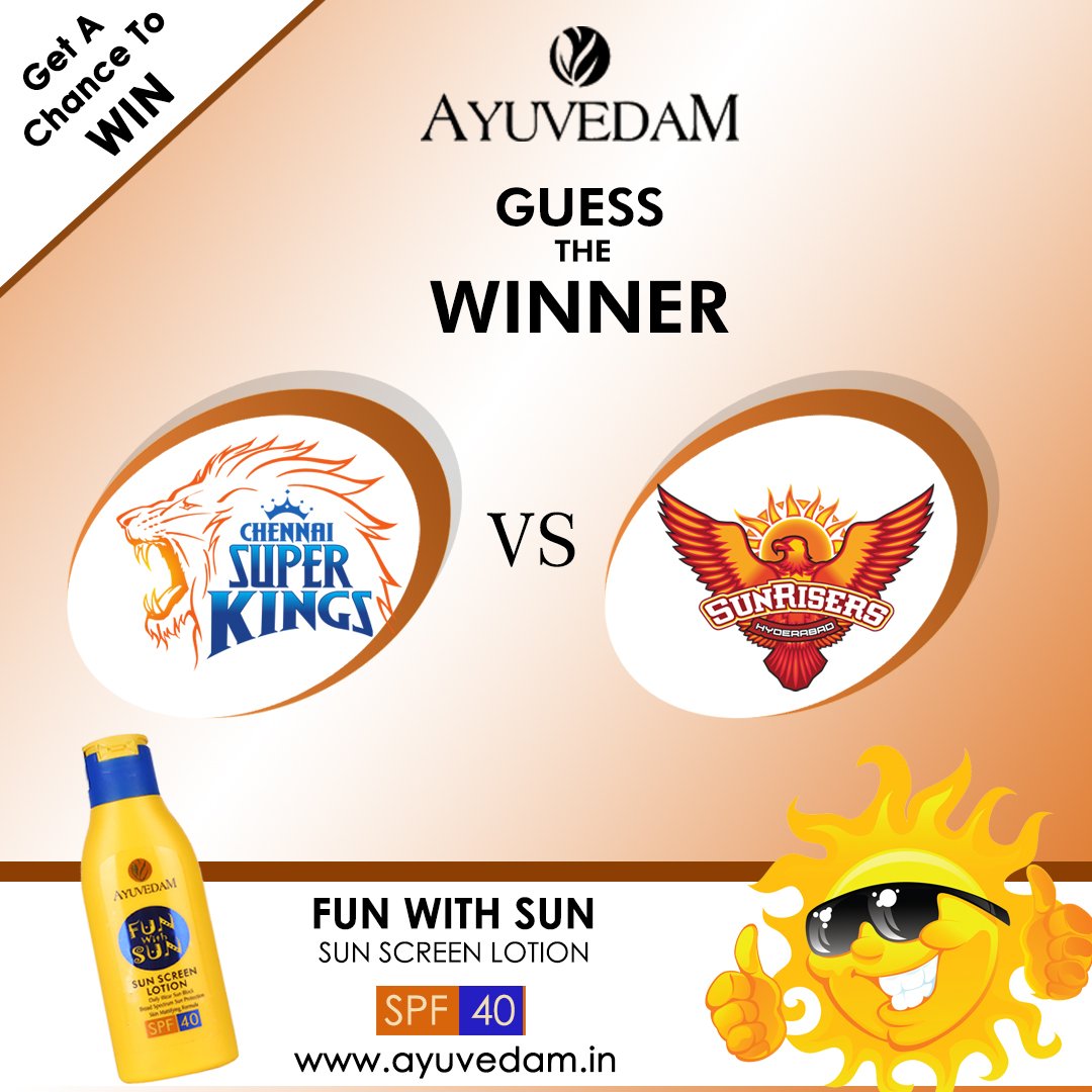 AyuvedamIndia's tweet photo. AYUVEDAM brings to you IPL FEVER Contest 2018! The END is here! GUESS the WINNER of IPL 2018! Like and comment the name of your favorite team!
#ayuvedam #iplfever #contest #likecommentshare #finalmatch #whoshouldwin #csk #srh #ipl2018 https://t.co/Uv4RU3Twu1