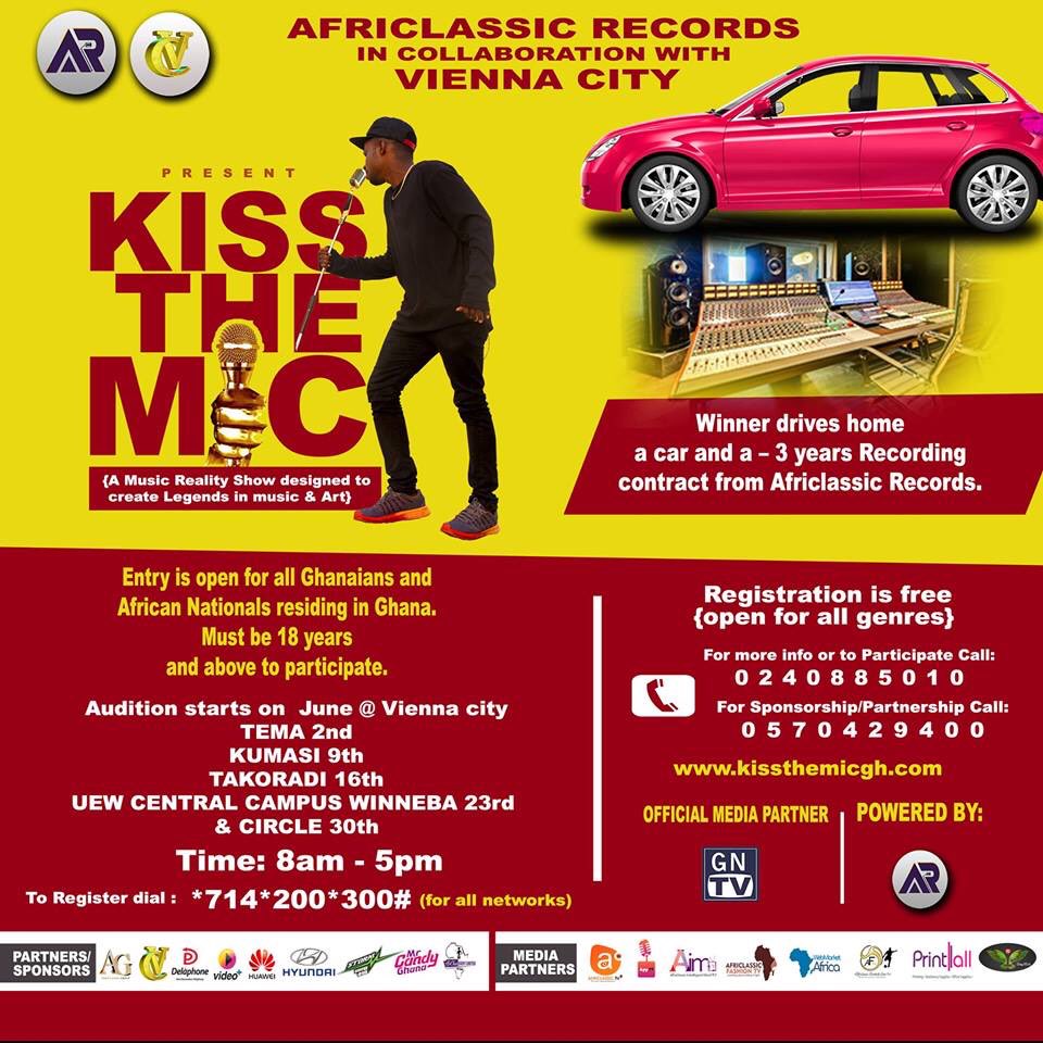 Hay_for_d's tweet photo. #KissTheMic
AFRICLASSIC RECORDS IN COLLABORATION WITH VIENNA CITY presents

#KissTheMic🎙

⛩Auditions Starts &amp; Ends 
📆June 2nd-30th, 2018
⏰Time 8am-5pm

⛳️TEMA 2nd June
⛳️KUMASI 9th June
⛳️Takoradi 16th June
⛳️Winneba (central campus) 23rd June
⛳️Circle 30th June https://t.co/PDjQzmJ8B4