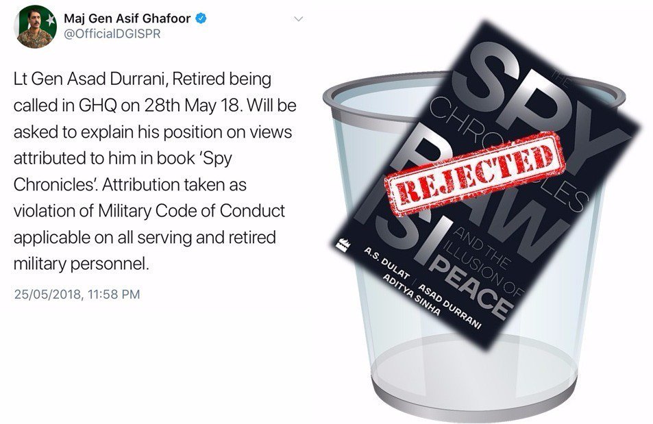 RajaAsadAzad's tweet photo. Still wondering how #AsadDurrani could think such disgusting idea to write a controversial book #TheSpyChronicles with #ExRAWChief. Excellent decision,If Army treating his generals according Law Of Land then image of Forces enhanced.Every Pakistani expect fair Inquiry#AsadDurrani https://t.co/OB88x9R1Hx