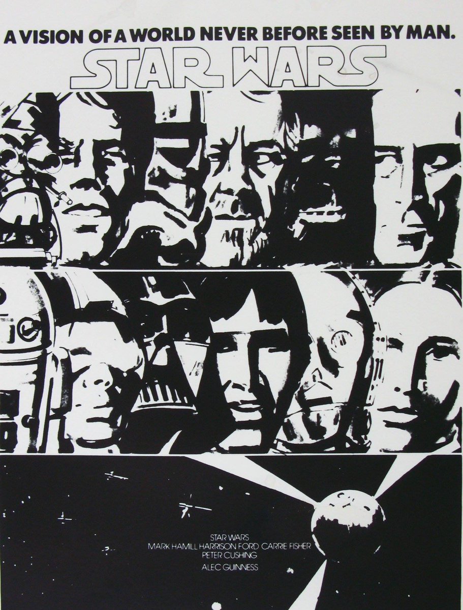 POSTER CONCEPTS-I could never explain #StarWars to friends before it was released-Here's a few early ideas the marketers considered: 
A) Did kids know who Flash &amp; Buck were in '77?
B) Wordy explanation
C/D) A Vision Of A Movie That Must Be Seen To Understand