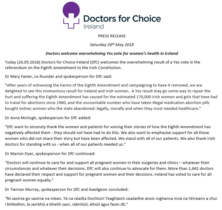Doctors4Choice's tweet photo. Doctors welcome overwhelming Yes vote for women's health in Ireland #Together4Yes #Doctors4Yes #8thref https://t.co/54nr56bjqq