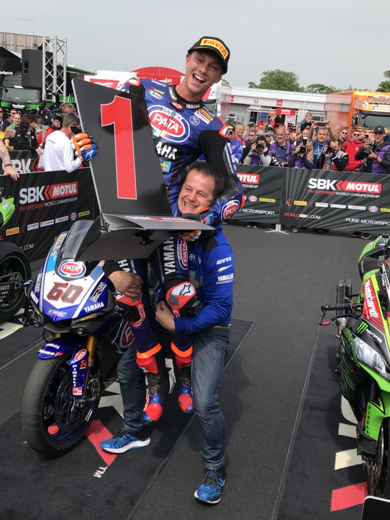 yamaharacingcom's tweet photo. 🇬🇧 Ladies &amp; gentleman...your first ever Dutch @WorldSBK race winner @mickeyvdmark!

Wild celebrations in parc ferme for the whole @PataYamahaWSBK team!

Victory at the team’s home round &amp; Yamaha’s 1st win since Portimao in 2011!

#YamahaRacing | #UKWorldSBK | #WeR1 | #WorldSBK https://t.co/Q8uemYbYD0